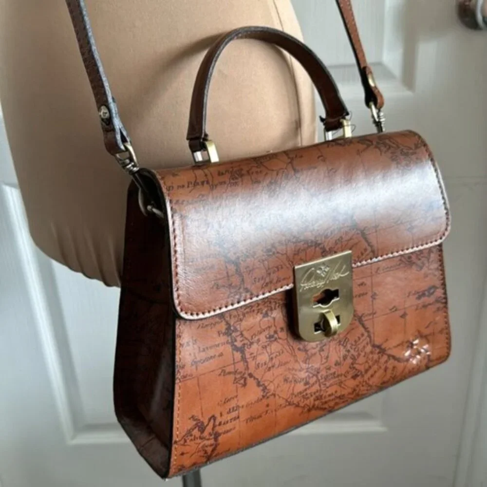 Patricia Nash Chauny Riot Rust Map Print Leather Crossbody Handbag Top Handle e